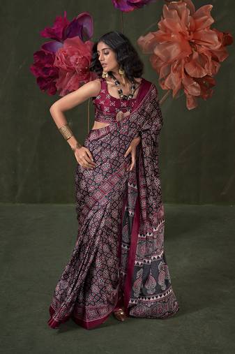 Black satin crepe printed saree