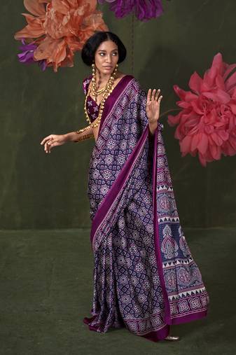 Navy blue satin crepe printed saree