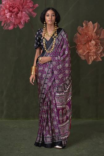 Purple satin crepe printed saree