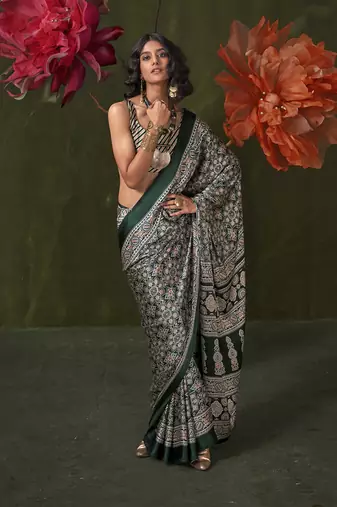Dark green satin crepe printed saree