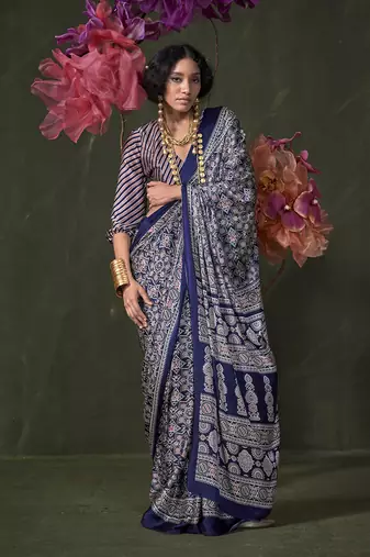 Blue satin crepe printed saree