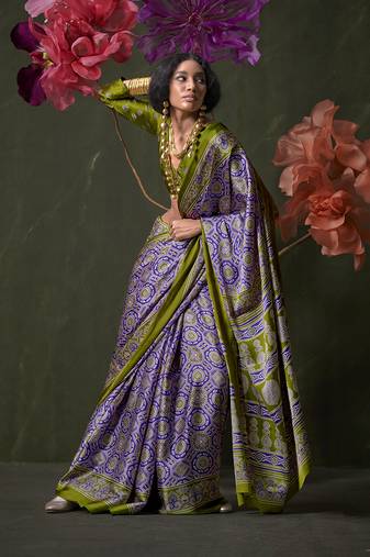 Violet satin crepe printed saree
