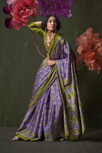 Violet satin crepe printed saree