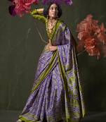 Violet satin crepe printed saree