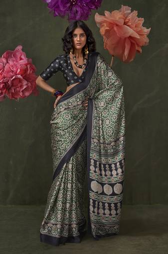 Green satin crepe printed saree