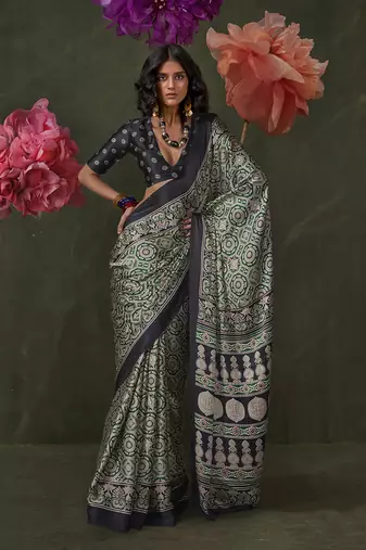 Green satin crepe printed saree