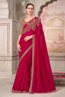 Rani pink embroidered sequins work satin silk blend saree 1