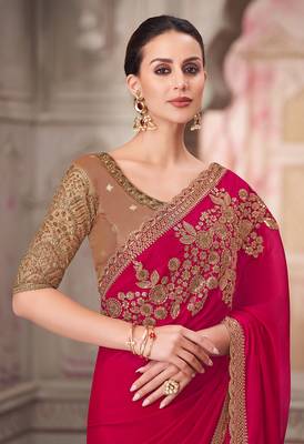 Rani pink embroidered sequins work satin silk blend saree 2