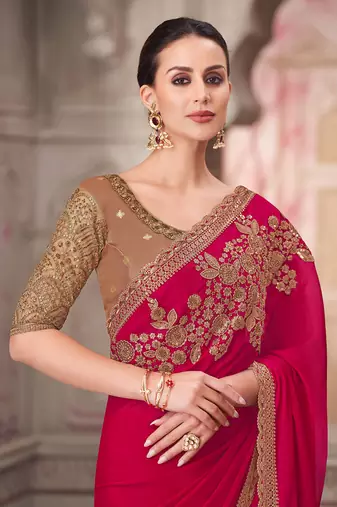 Rani pink embroidered sequins work satin silk blend saree