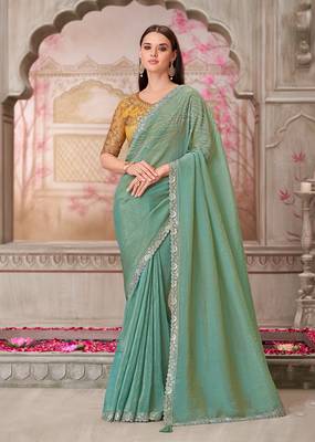 Sea green embroidered sequins work satin silk blend saree 1