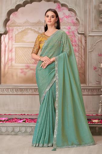 Sea green embroidered sequins and stone work satin silk saree