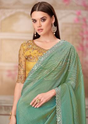 Sea green embroidered sequins work satin silk blend saree 2