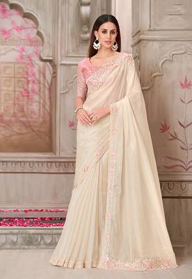 Embroidered satin silk off white saree 1