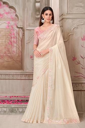 Embroidered satin silk off white designer saree