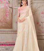 Embroidered satin silk off white designer saree