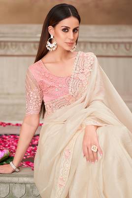 Embroidered satin silk off white saree 2