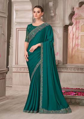 Teal green satin silk blend embroidered sequins work saree 1