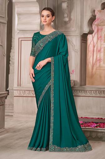 Teal green satin silk embroidered sequins saree