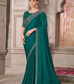 Teal green satin silk embroidered sequins saree