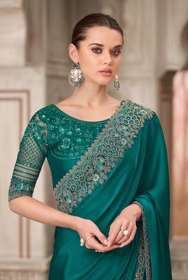 Teal green satin silk blend embroidered sequins work saree 2