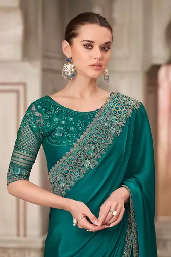 Teal green satin silk blend embroidered sequins work saree