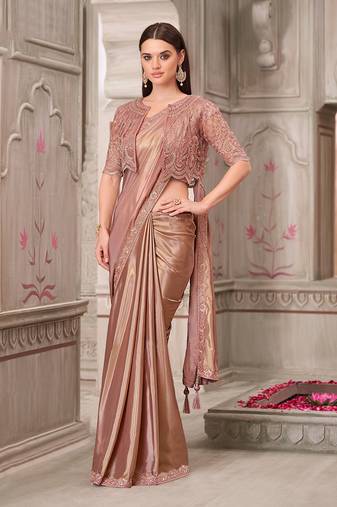 Embroidered brown shimmer satin silk saree