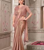 Embroidered brown shimmer satin silk saree