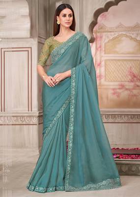 Aqua blue embroidered georgette silk blend saree 1