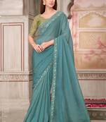 Aqua blue embroidered georgette silk party wear saree