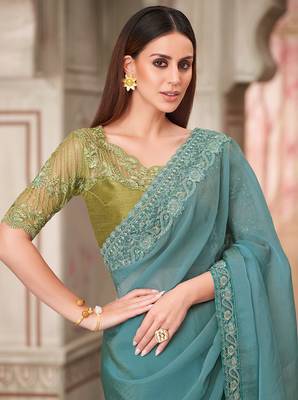 Aqua blue embroidered georgette silk blend saree 2