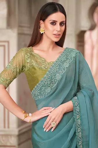 Aqua blue embroidered georgette silk blend saree