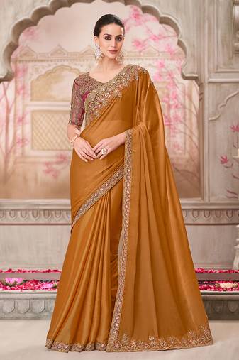 Rust embroidered sequins chiffon silk saree