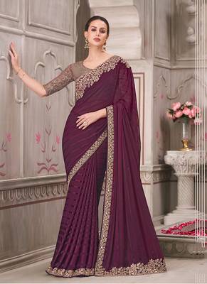 Georgette silk blend embroidered sequins work saree in wine 1