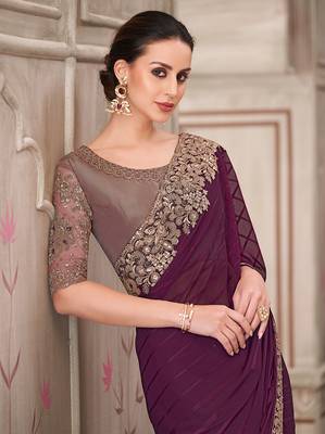Georgette silk blend embroidered sequins work saree in wine 2