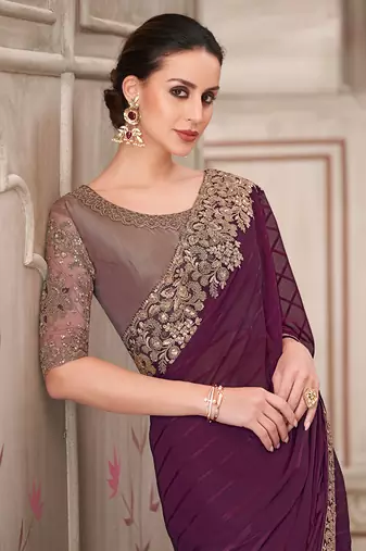Georgette silk blend embroidered sequins work saree in wine