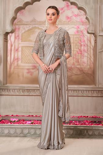 Silver shimmer satin silk sequins saree