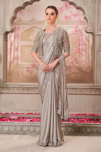 Silver shimmer satin silk sequins saree