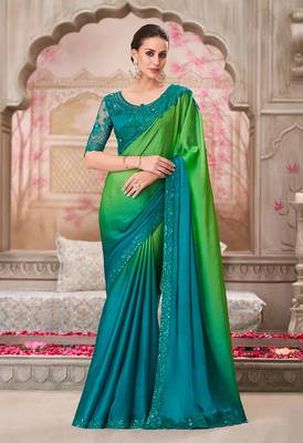 Teal Green shaded satin chiffon sequins work saree 1