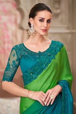 Teal Green shaded satin chiffon sequins work saree 2