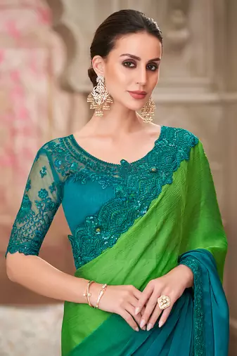 Teal Green shaded satin chiffon sequins work saree