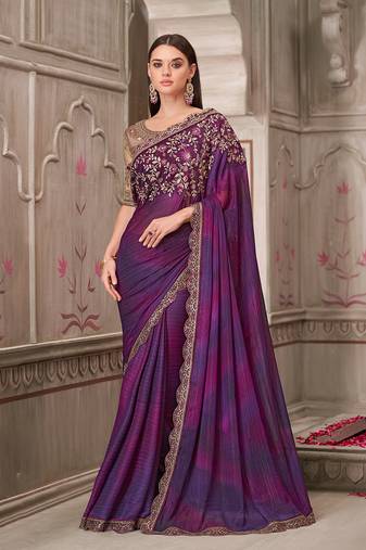 Purple satin georgette embroidered and stone work saree