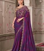 Purple satin georgette embroidered and stone work saree