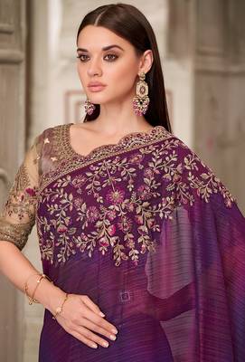 Purple satin georgette embroidered work saree 2