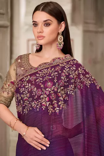 Purple satin georgette embroidered work saree