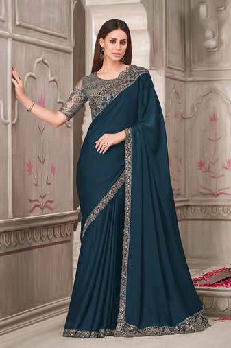 Teal satin silk embroidered sequins classic saree