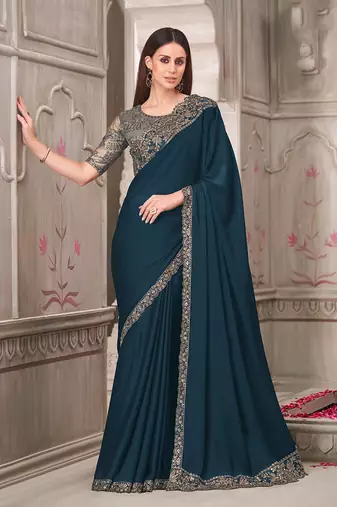 Teal satin silk embroidered sequins classic saree