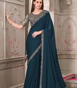 Teal satin silk embroidered sequins classic saree