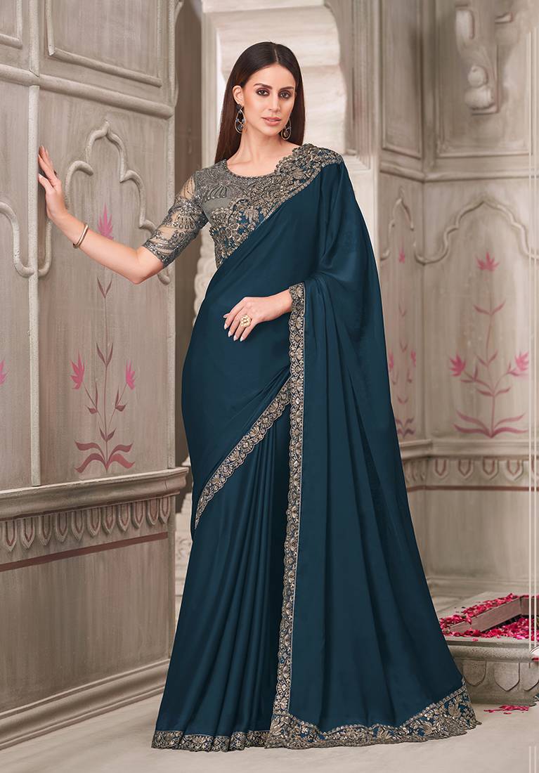 Teal satin silk embroidered sequins classic saree