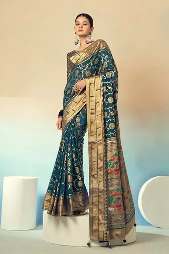 Georgette weaving work teal traditional saree