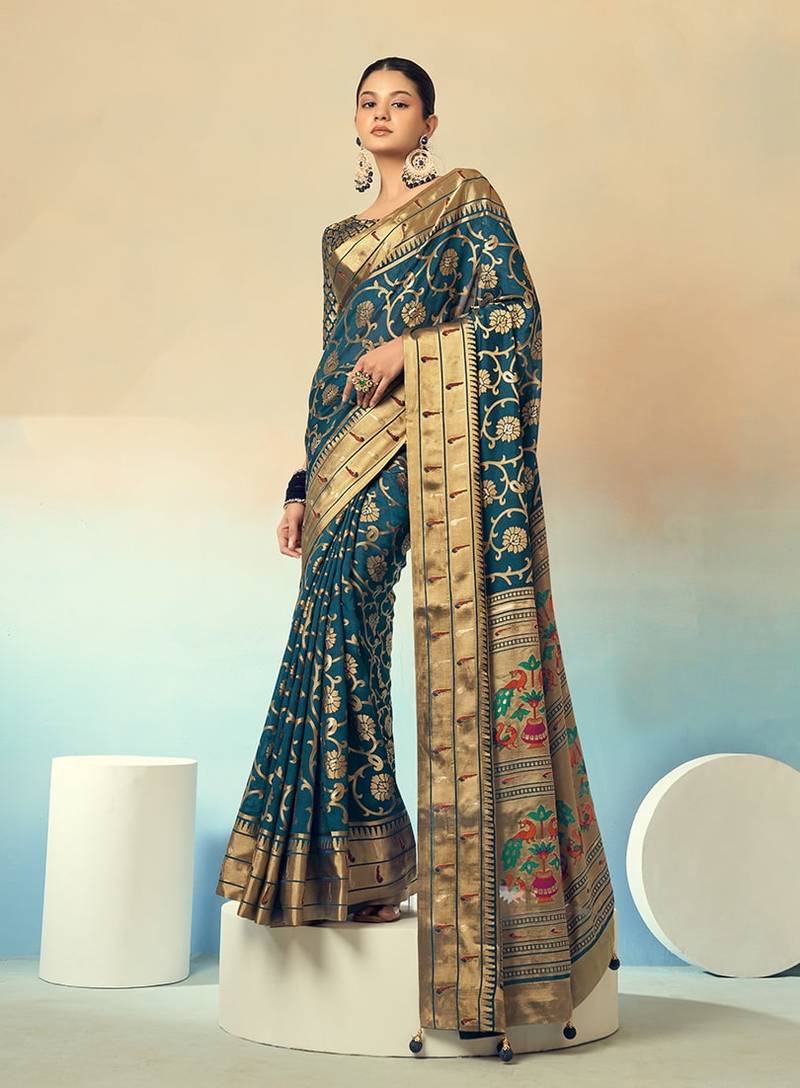 Georgette weaving work teal traditional saree